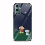Shinchan and Shiro Printed Glass Back Phone Case