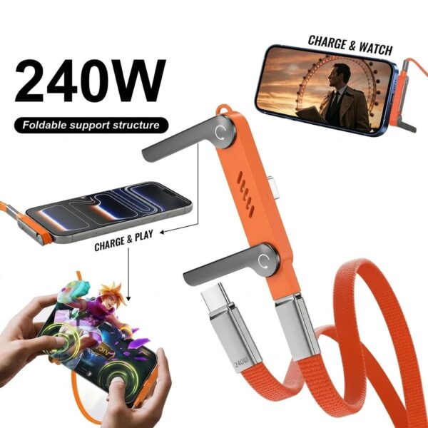 Premium Detachable 2 in 1 Superfast 240W C Type Charging Data Cable with 360° Invisible Stand